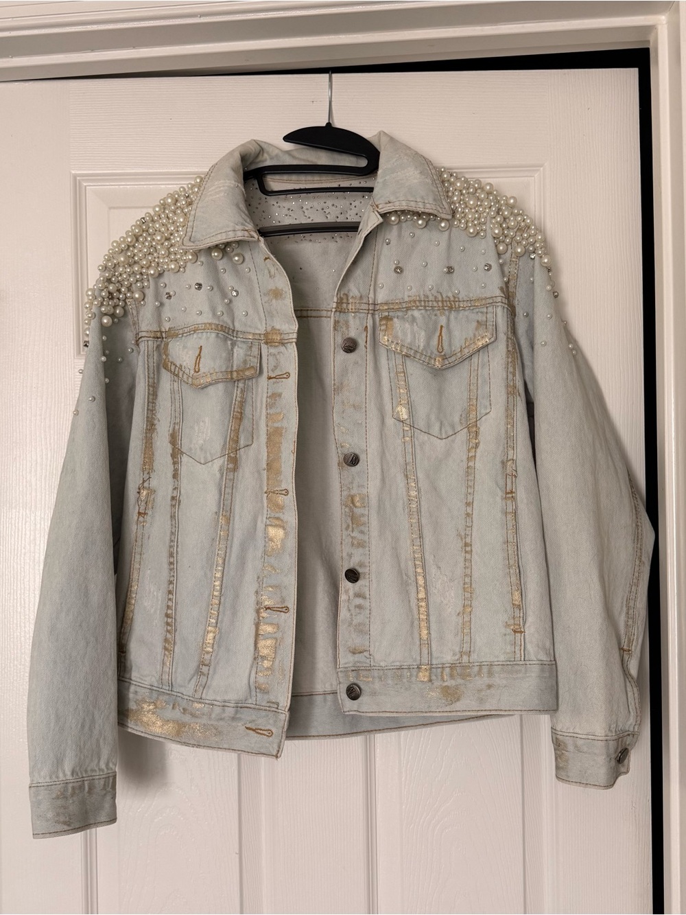 Pearl-Embellished Light Wash Denim Jacket with Gold Accents